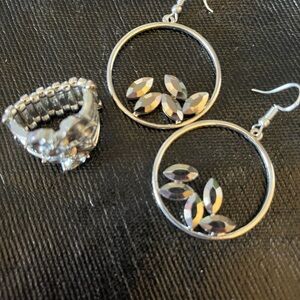 Smoky Grey Rhinestone earrings and matching Stretch Ring